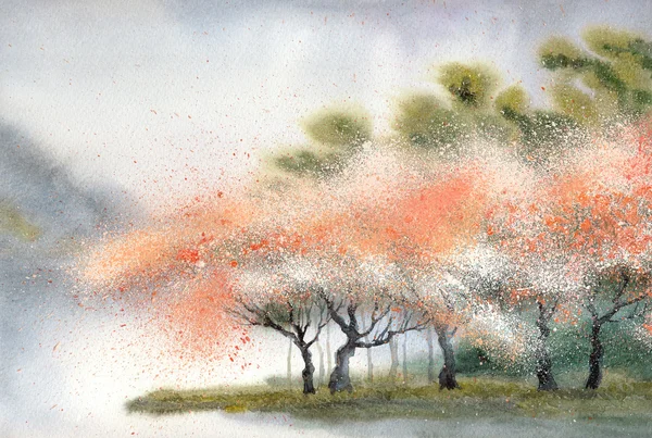 Акварель пейзаж. Цветущие деревья возле Рив Лицензионные Стоковые Фото