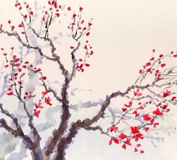 Акварель фон. Красные цветы на ветвях старое дерево. — стоковое фото