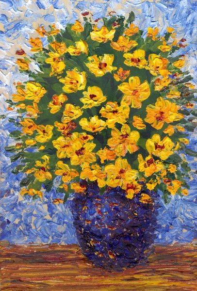 Картина маслом. Пышный букет из желтых цветов в голубой вазе — стоковое фото