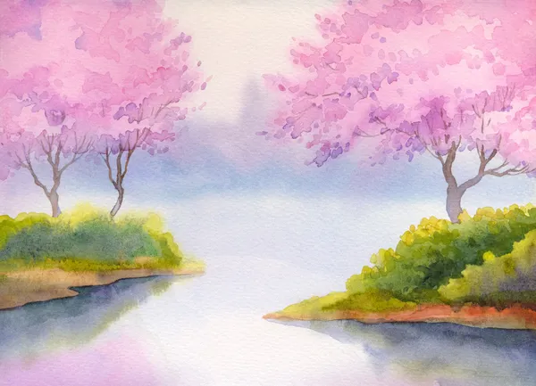 Весенний пейзаж акварель. Цветущие деревья над рекой — стоковое фото