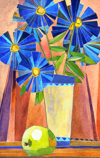 Стилизованные акварельный натюрморт. Ваза с большими синими цветочками — стоковое фото