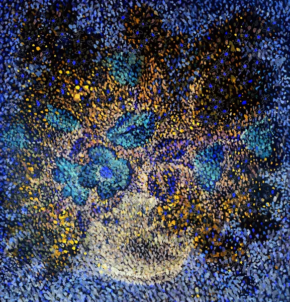 Акриловая живопись. Голубые цветы в круглой вазе — стоковое фото