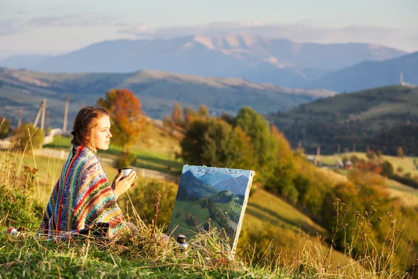 Молодой художник живопись Осенний пейзаж — стоковое фото