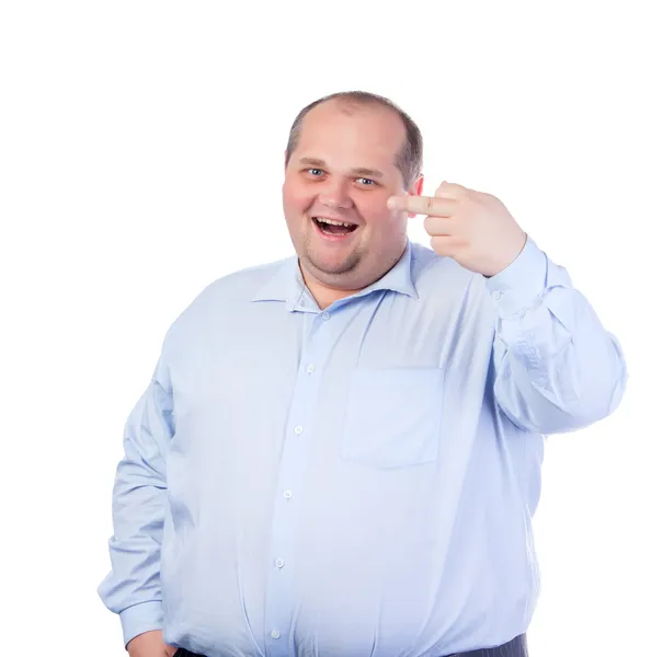 Толстый человек в голубой рубашке, показываю непристойные жесты Стоковое Изображение