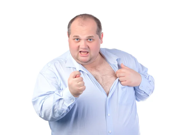 Толстый человек в голубой рубашке, показываю непристойные жесты Стоковая Картинка