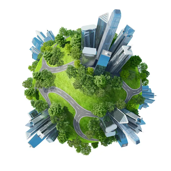 Концептуальная мини-планета зеленые парки наряду с небоскребами и дорогами Лицензионные Стоковые Фото