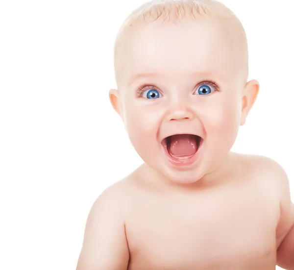 Счастливый улыбающийся ребёнок с голубыми глазами — стоковое фото