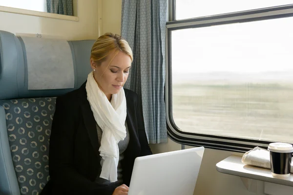 Женщина, используя ноутбук путешествия на пригородных поездов Стоковое Изображение