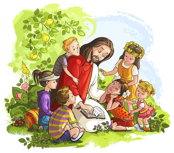 Векторные иллюстрации для Иисуса чтение Библии с детьми — стоковый вектор