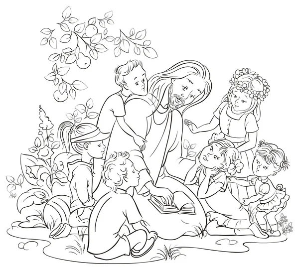 Окраски страницы вектор Иисус читал библию с детьми — стоковый вектор