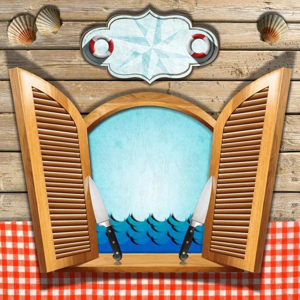 Блюда из морепродуктов на деревянные окна — стоковое фото