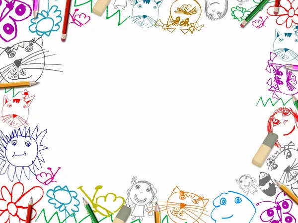 Рисунки детей с фон рамки карандаши Стоковое Фото