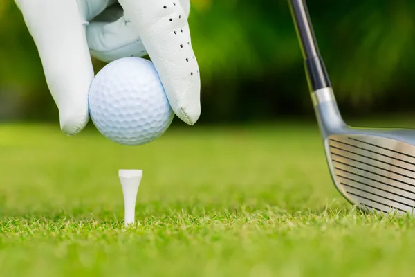 Крупным планом вид на мяч для гольфа на тройник на гольф-поле — стоковое фото