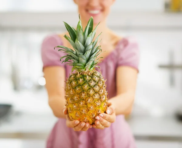 Крупным планом на ананас в руке домохозяйка Стоковое Изображение