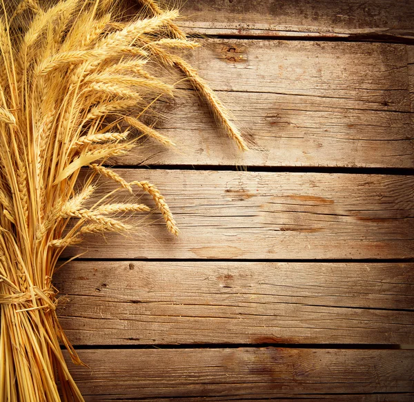 Уши пшеницы на деревянном столе. понятие урожая — стоковое фото
