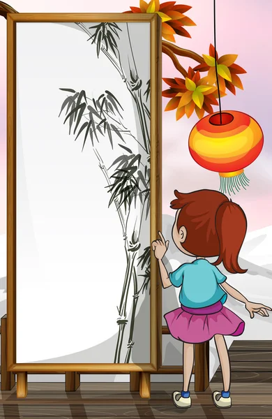 Девушка перед бамбука картина Стоковый Вектор