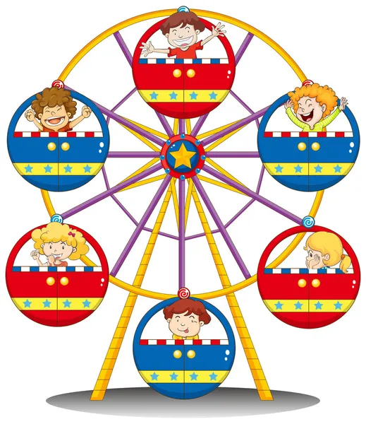 Счастливые дети, езда на колесе обозрени — стоковый вектор