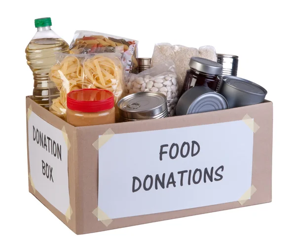 Box Продовольственная пожертвования, изолированные на белом фоне — стоковое фото