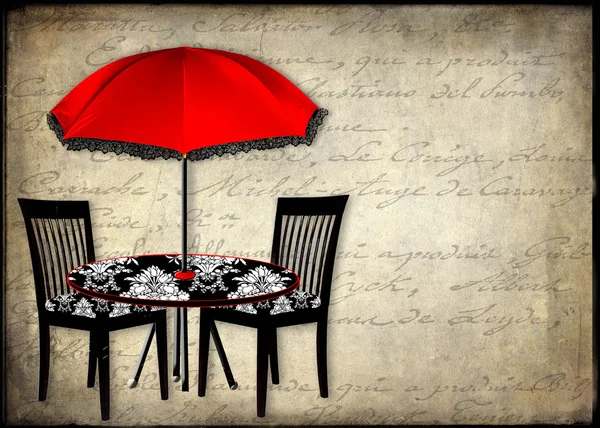 Patio with red umbrella (French Background in Writing) — стоковое фото