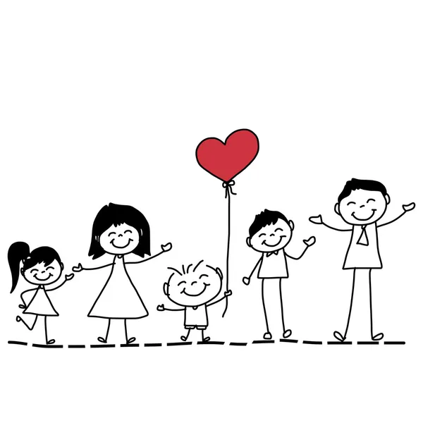 Рука рисунок мультфильм счастливой семьи с красным сердцем — стоковый вектор