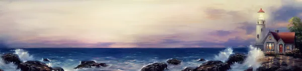 Маяк море масляной живописи панорамный Лицензионные Стоковые Изображения