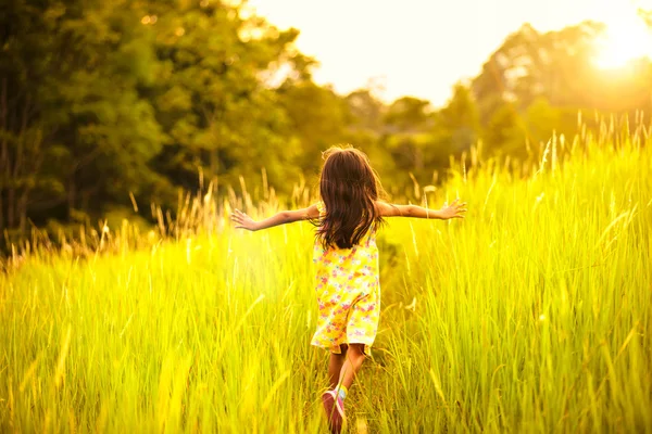 Маленькая девочка, бегущая на лугу с закатом — стоковое фото
