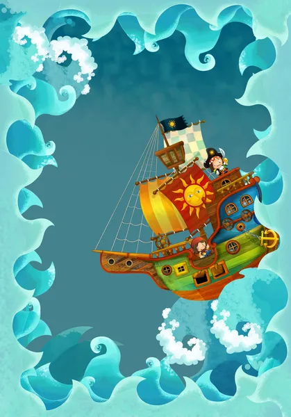 Художественные мультфильм кадр волны с пиратский корабль — стоковое фото