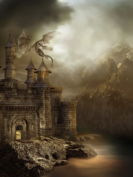 Фэнтезийный замок с драконом Лицензионные Стоковые Фото