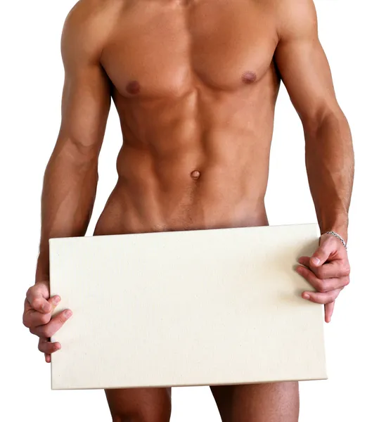 Голый мускулистый мужчина, охватывающих с коробкой, изолированные на белом — стоковое фото