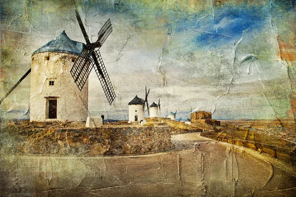 Ветряные мельницы в Испании - картина в стиле живописи Стоковое Изображение