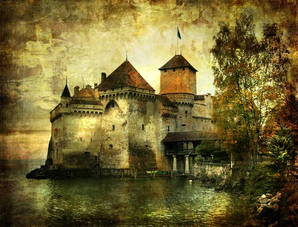 Таинственный Замок на берегу озера - работа в живописи стиль — стоковое фото