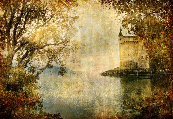 Швейцарский замок рядом с осенью озеро - художественная марочные фотография — стоковое фото