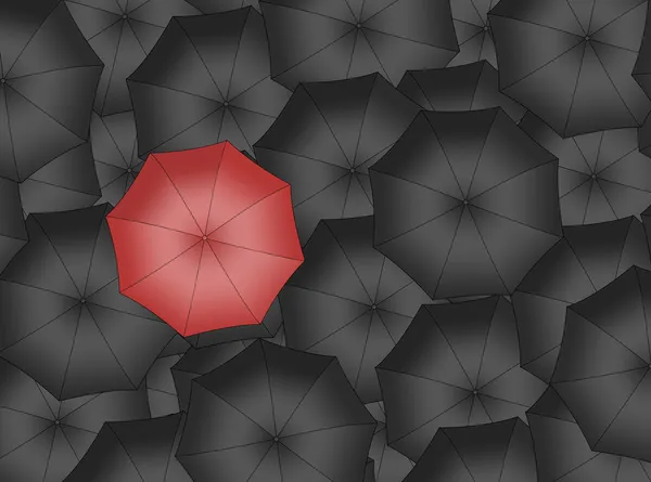 Красный зонт. ярко красный зонт среди множества черных зонтов — стоковое фото