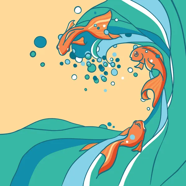 Иллюстрация золотых рыб в воде. Морской фон — стоковый вектор