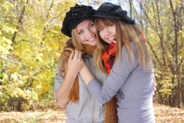 Две девушки обнимая в Осенний парк — стоковое фото