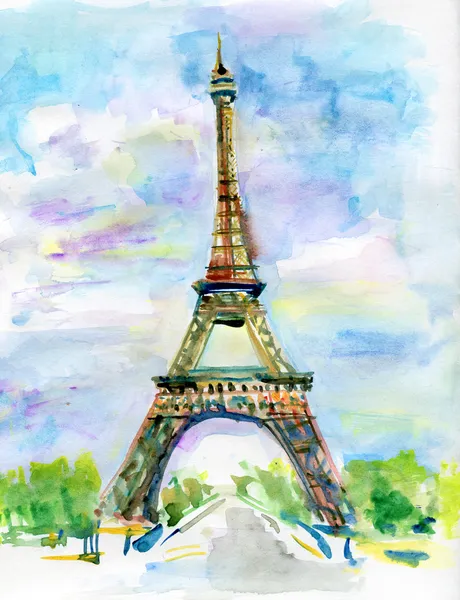 Город Париж в акварели. Картина Эйфелевой башни Стоковое Изображение