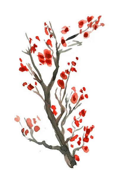 Изображение в японском стиле. Цветут яркие красные цветы ветви дерева. Акварель — стоковое фото