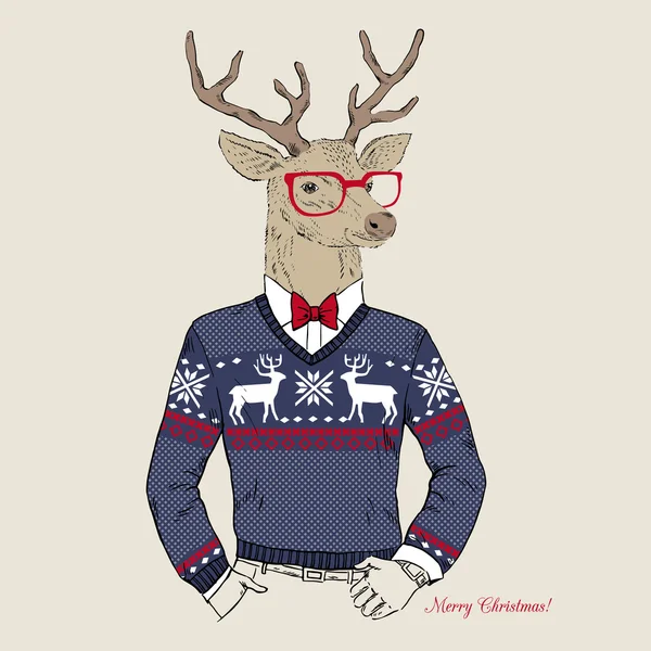 Олень битник в жаккардовый свитер, веселая рождественская открытка — стоковый вектор
