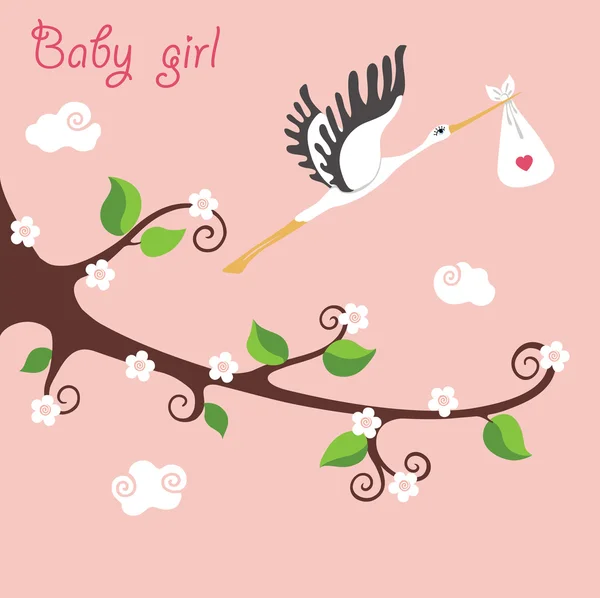 Милый мультфильм цветения branch.flying аист с новорожденным baby Гир Стоковое Изображение