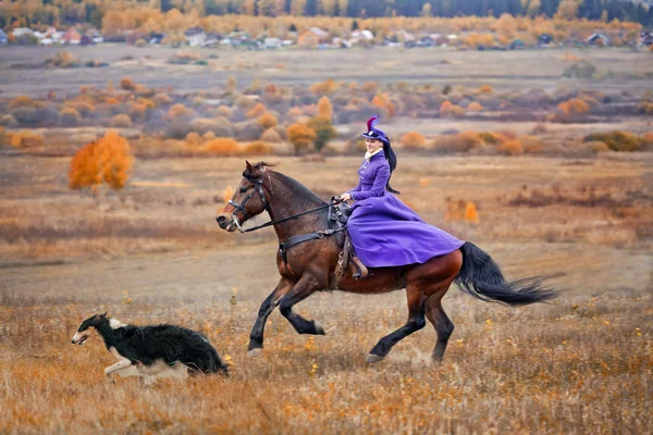 Леди в езда habbit на лошади охота — стоковое фото