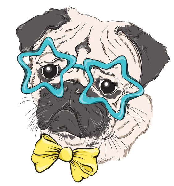 Портрет моды хипстера собаки мопса в очках в форме звезд и поклона, изолированного на белом. векторная рука сделанная иллюстрация — стоковый вектор