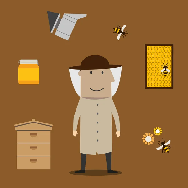 Beekeeper man and beekeeping objects — стоковый вектор