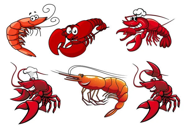 Персонажи морепродуктов креветки, креветки и омары — стоковый вектор