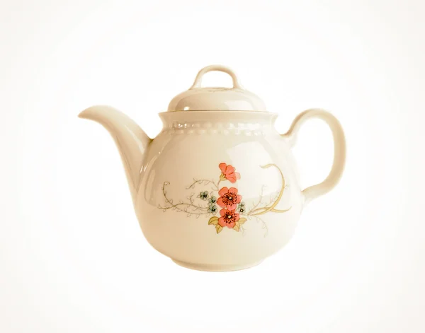 Заварной чайник фарфора с цветочными узорами, изолированными в старом стиле на белом — стоковое фото
