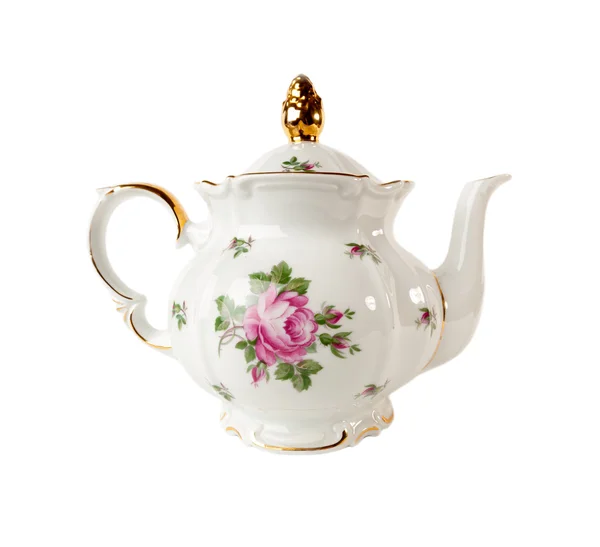 Фарфоровый чайник с узором из роз и золота в классическом стиле, изолированные на белом фоне — стоковое фото