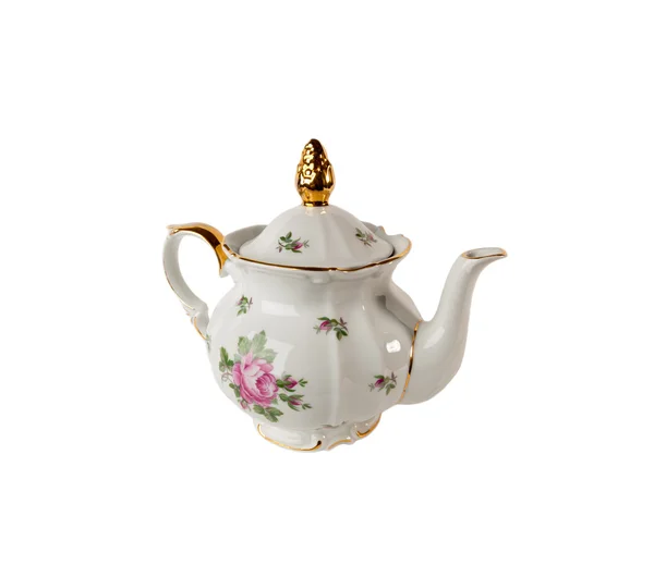 Фарфоровый чайник с орнаментом из роз и золота в классическом стиле, изолированные на белом — стоковое фото