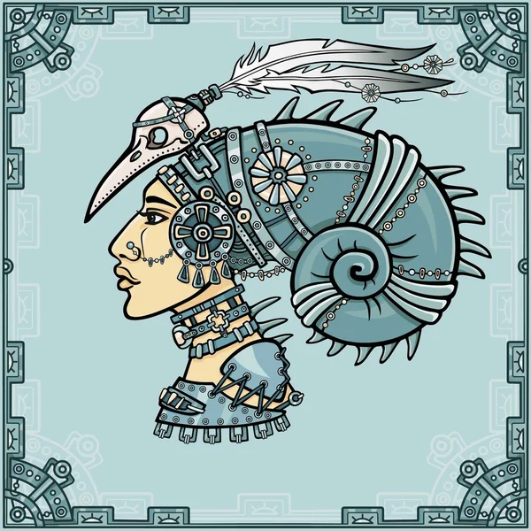 The fantastic Shaman woman in her magic clothes. Portrait, look profile. A background - a frame from iron elements. Vector illustration. — стоковый вектор