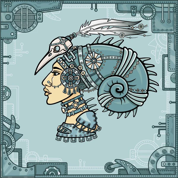The fantastic Shaman woman in her magic clothes. Portrait, look profile. A background - a frame from iron elements. Vector illustration. — стоковый вектор