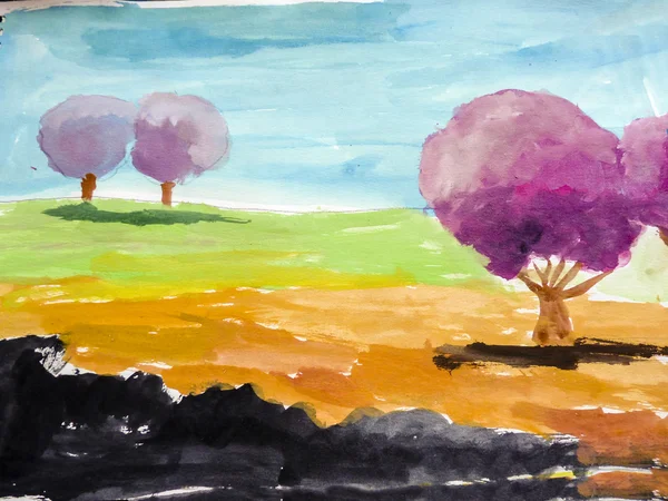 Детской живописи деревьев и голубое небо. — стоковое фото