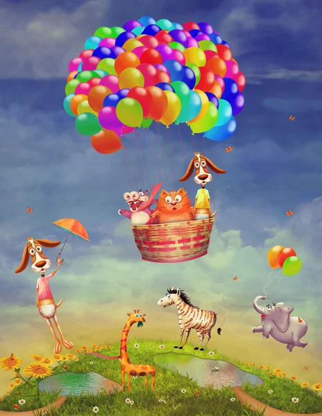 Животные на поле и в воздушный шар в небе — стоковое фото